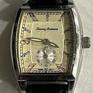 Tommy Bahama Silver Case Black Leather Strap Watch - Swiss Movement